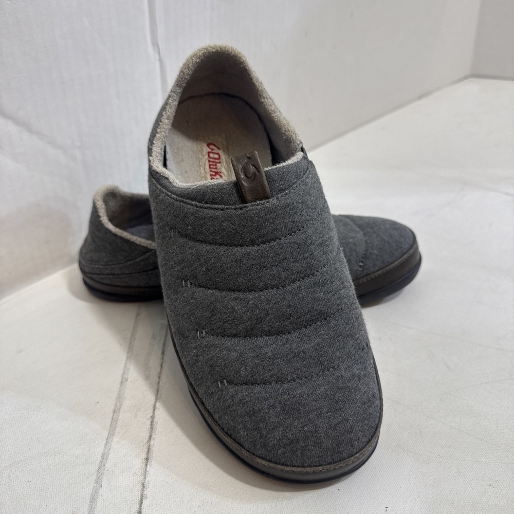 Olukai Mahana Slippers Gray Leather Sheep Wool Lining Bedroom Shoes Men's Size 9
